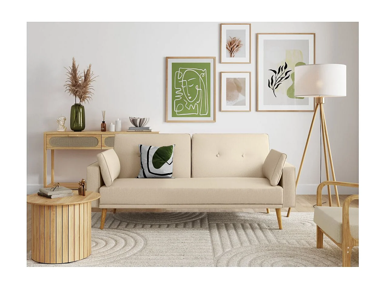 Canapé droit scandinave Elga convertible 3 places en tissu - Beige - L205 x 87 x 85cm - Loungitude