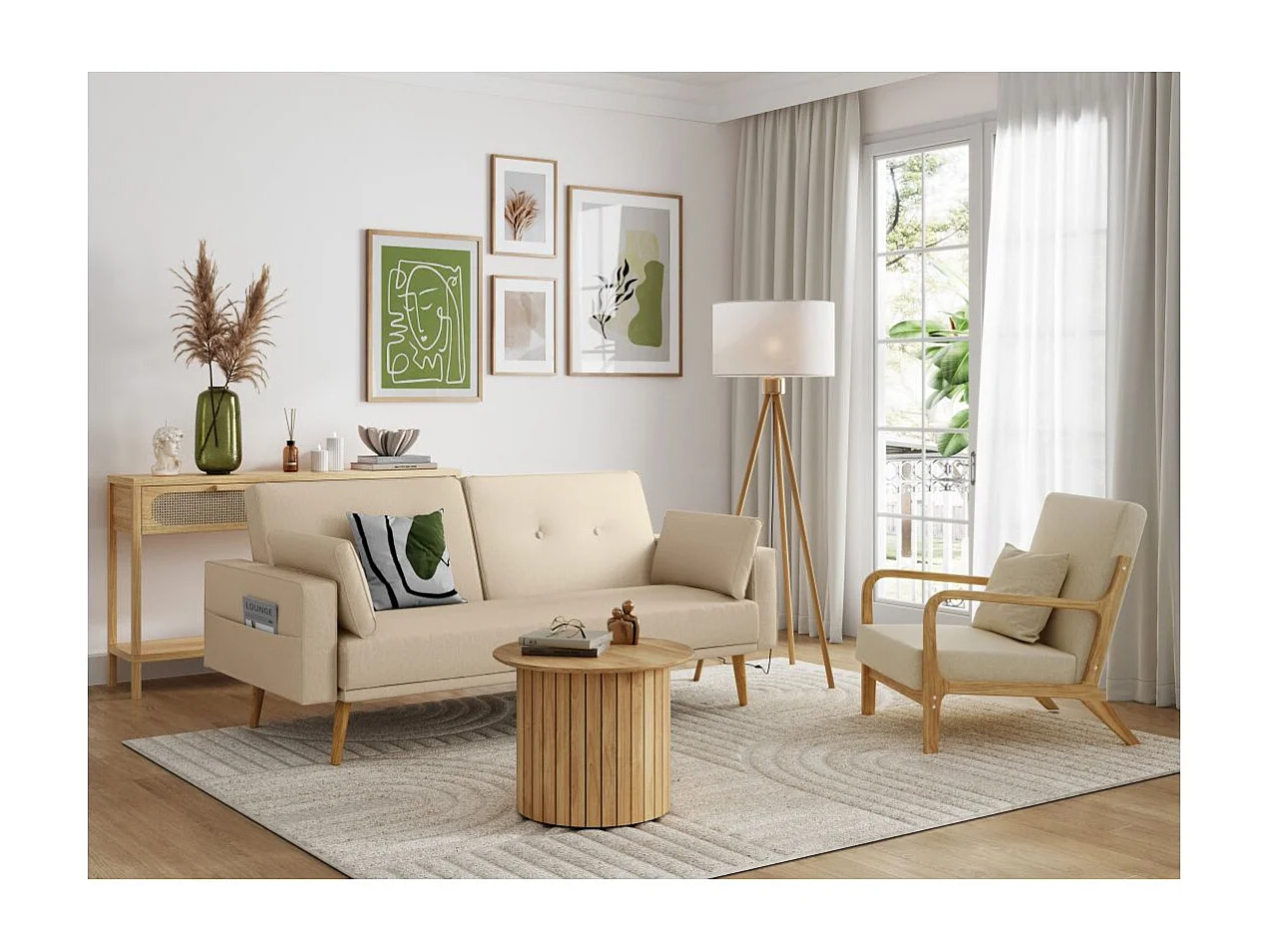 Canapé droit scandinave Elga convertible 3 places en tissu - Beige - L205 x 87 x 85cm - Loungitude