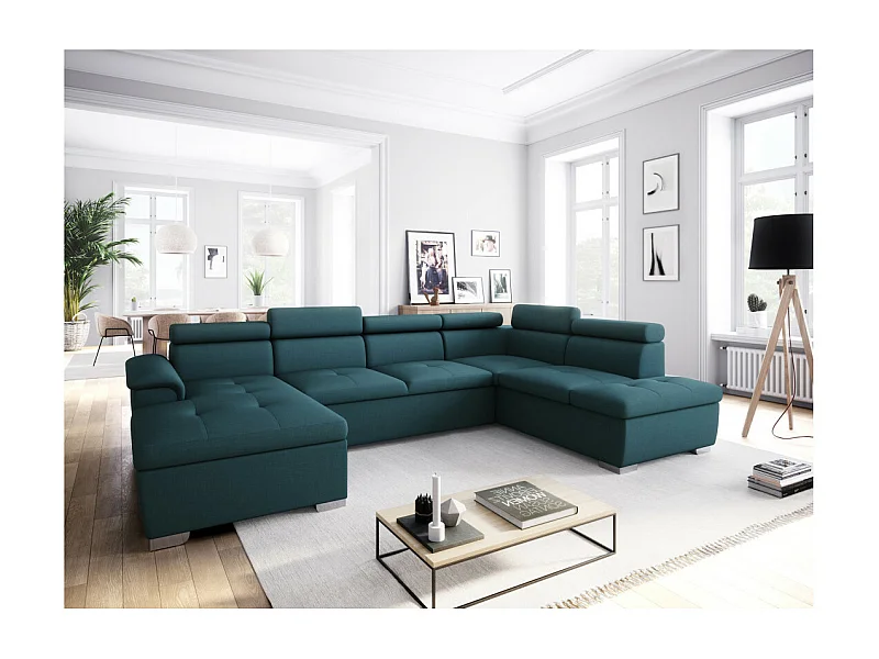 Canapé d'angle Panoramique 6 Places Paola Convertible en Tissu Avec Coffres - Bleu - L322 x P196 x H76cm - Loungitude