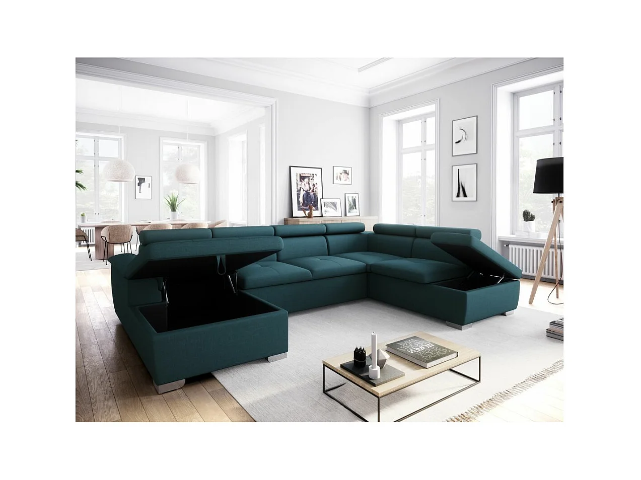 Canapé d'angle Panoramique 6 Places Paola Convertible en Tissu Avec Coffres - Bleu - L322 x P196 x H76cm - Loungitude