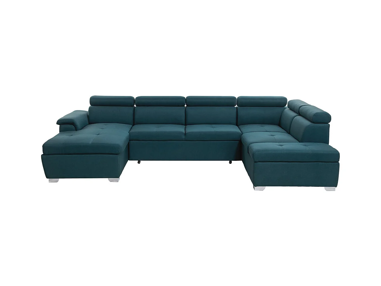 Canapé d'angle Panoramique 6 Places Paola Convertible en Tissu Avec Coffres - Bleu - L322 x P196 x H76cm - Loungitude