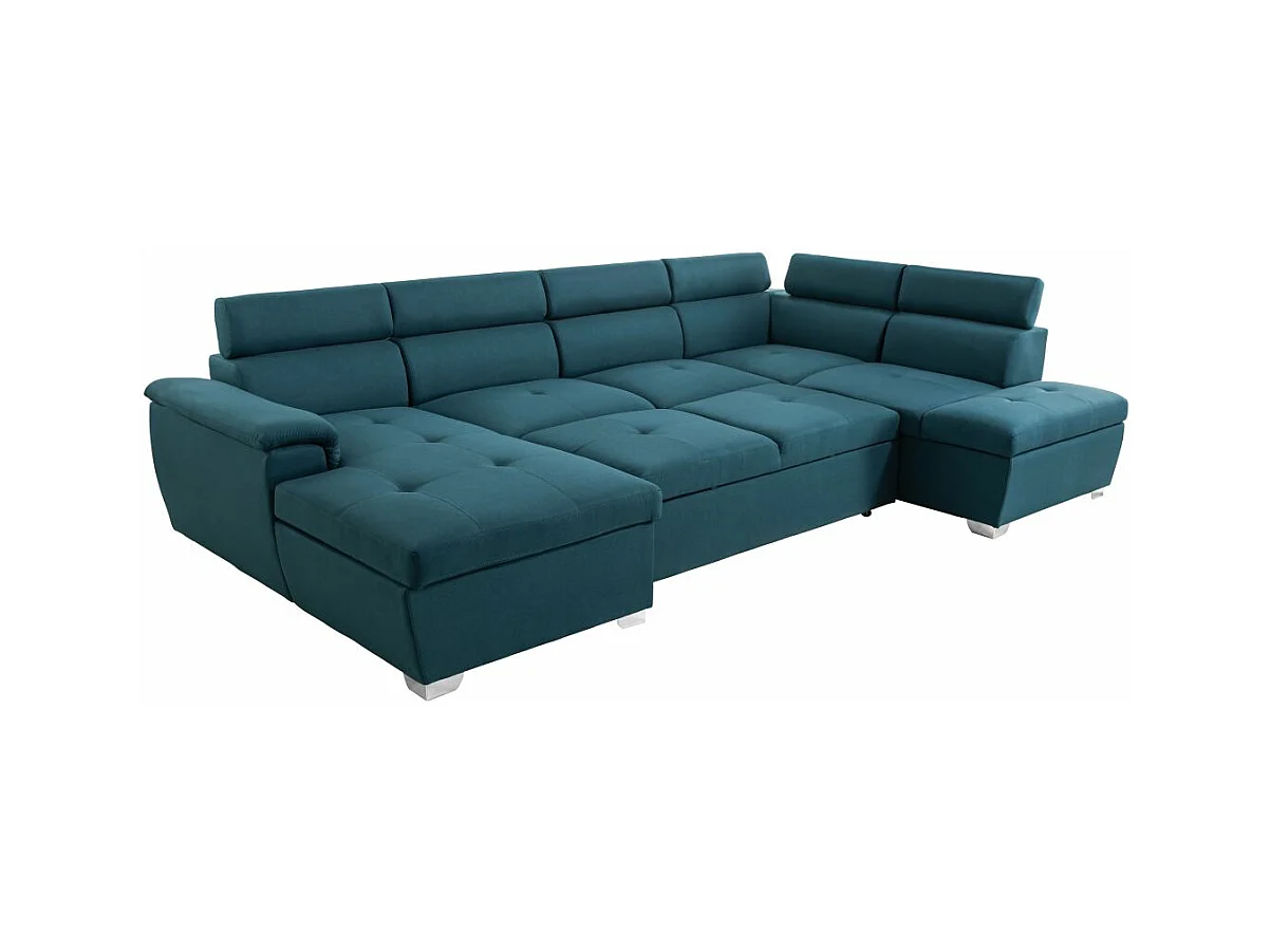 Canapé d'angle Panoramique 6 Places Paola Convertible en Tissu Avec Coffres - Bleu - L322 x P196 x H76cm - Loungitude