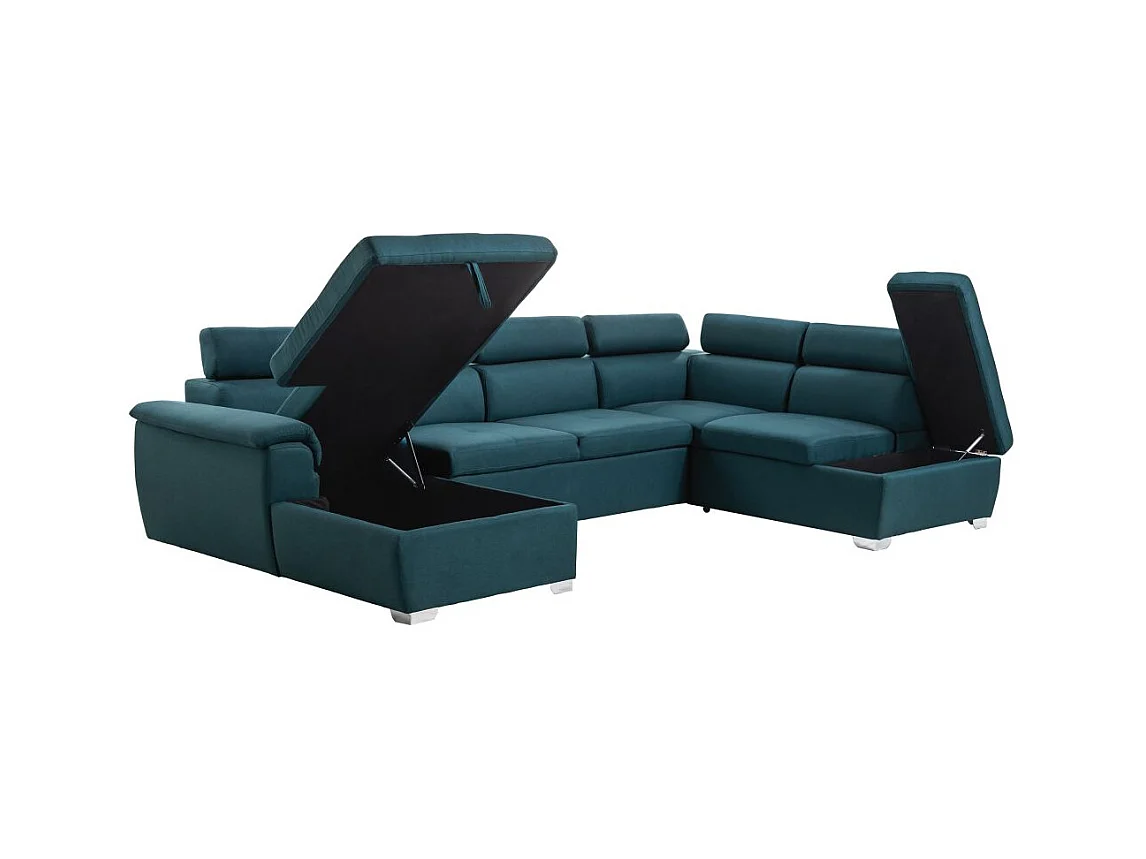 Canapé d'angle Panoramique 6 Places Paola Convertible en Tissu Avec Coffres - Bleu - L322 x P196 x H76cm - Loungitude
