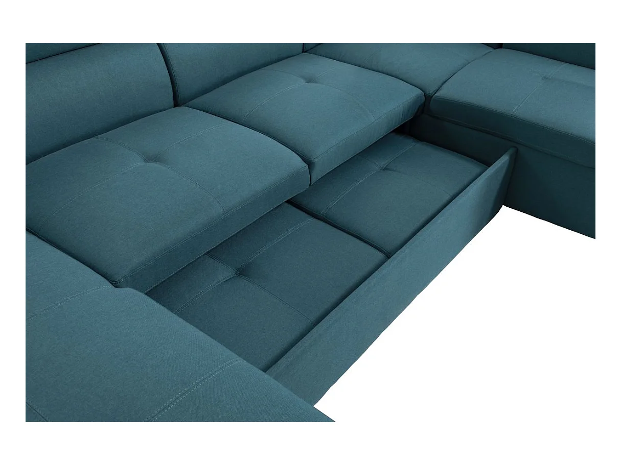 Canapé d'angle Panoramique 6 Places Paola Convertible en Tissu Avec Coffres - Bleu - L322 x P196 x H76cm - Loungitude