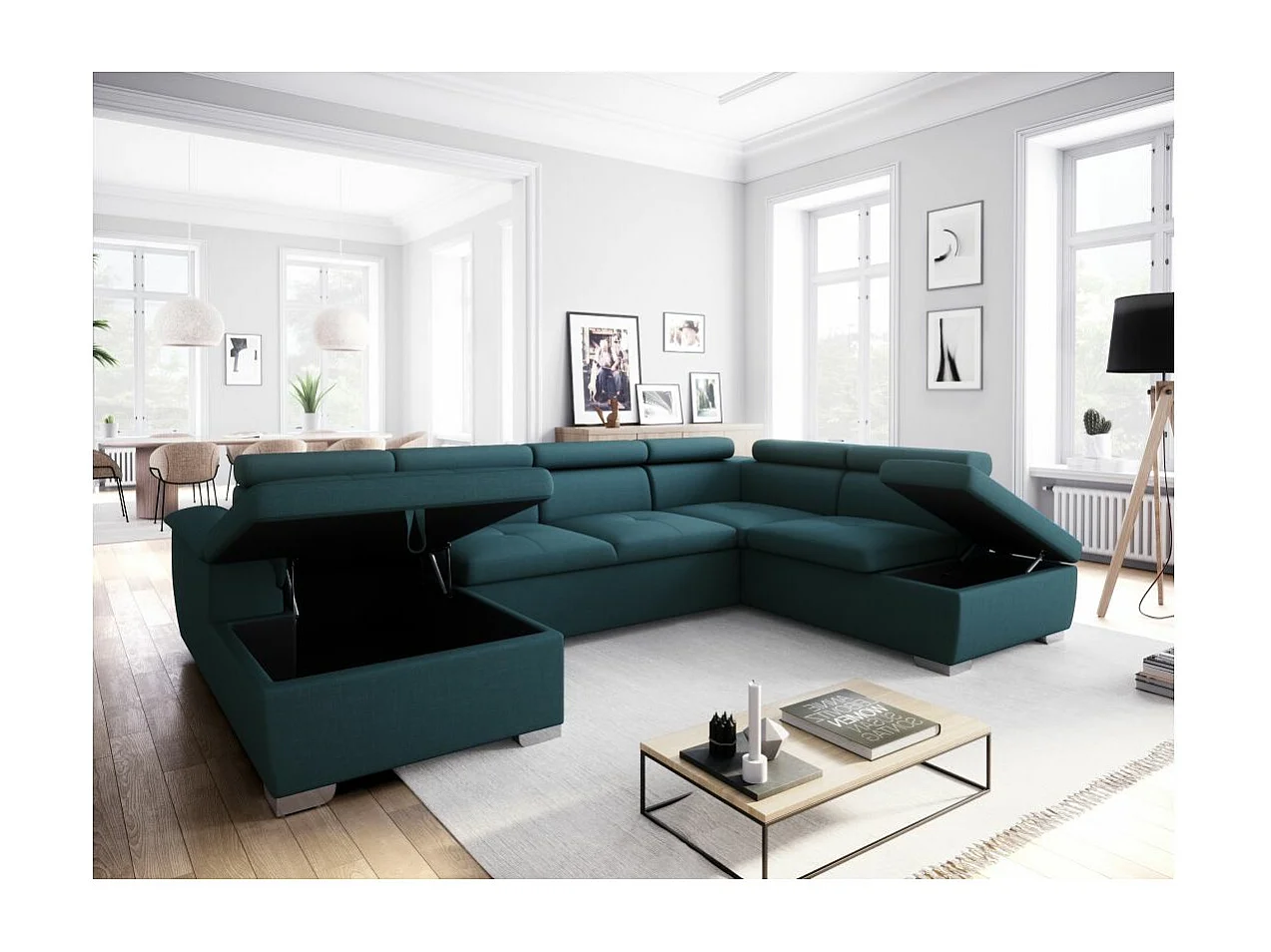 Canapé d'angle Panoramique 6 places Paola convertible en Tissu Avec Coffres - Bleu - L322 x P196 x H76cm - Loungitude