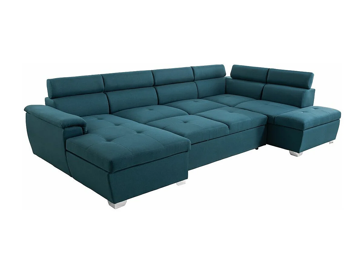 Canapé d'angle Panoramique 6 places Paola convertible en Tissu Avec Coffres - Bleu - L322 x P196 x H76cm - Loungitude