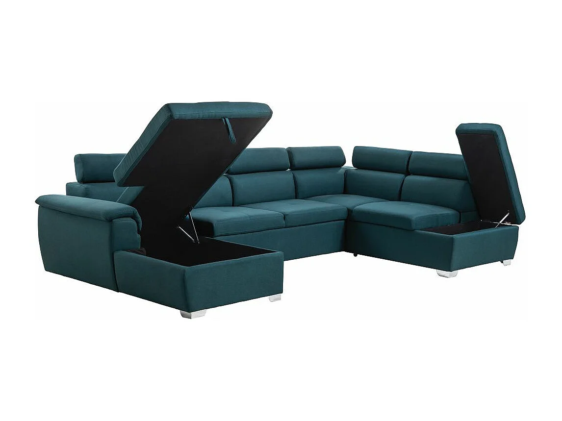 Canapé d'angle Panoramique 6 places Paola convertible en Tissu Avec Coffres - Bleu - L322 x P196 x H76cm - Loungitude