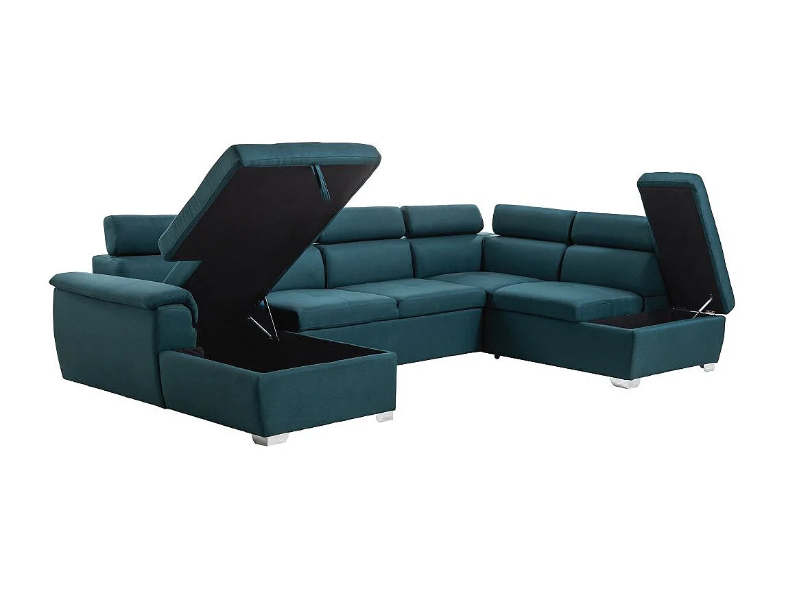 Canapé d'angle Panoramique 6 places Paola convertible en Tissu Avec Coffres - Bleu - L322 x P196 x H76cm - Loungitude