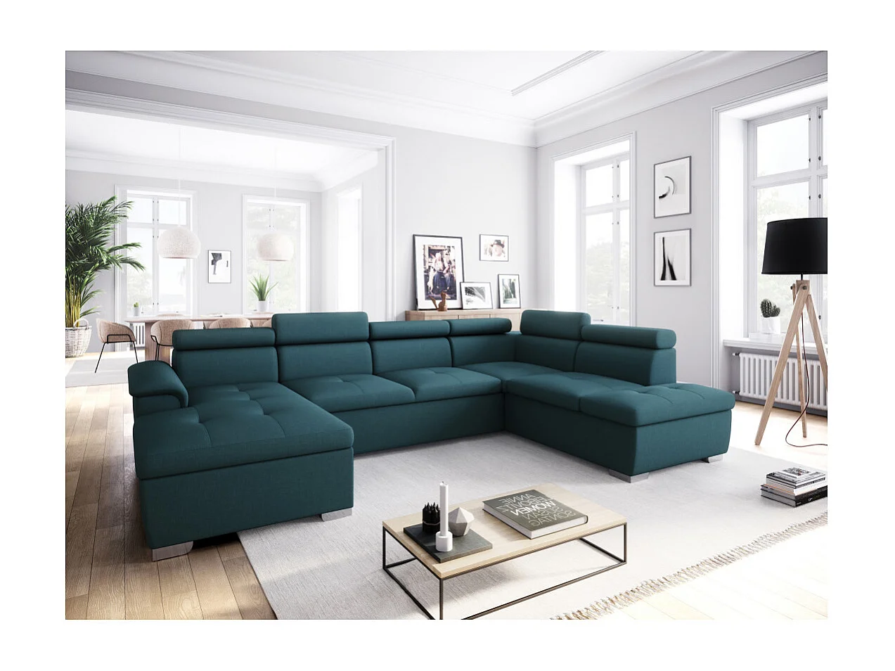 Canapé d'angle Panoramique 6 places Paola convertible en Tissu Avec Coffres - Bleu - L322 x P196 x H76cm - Loungitude