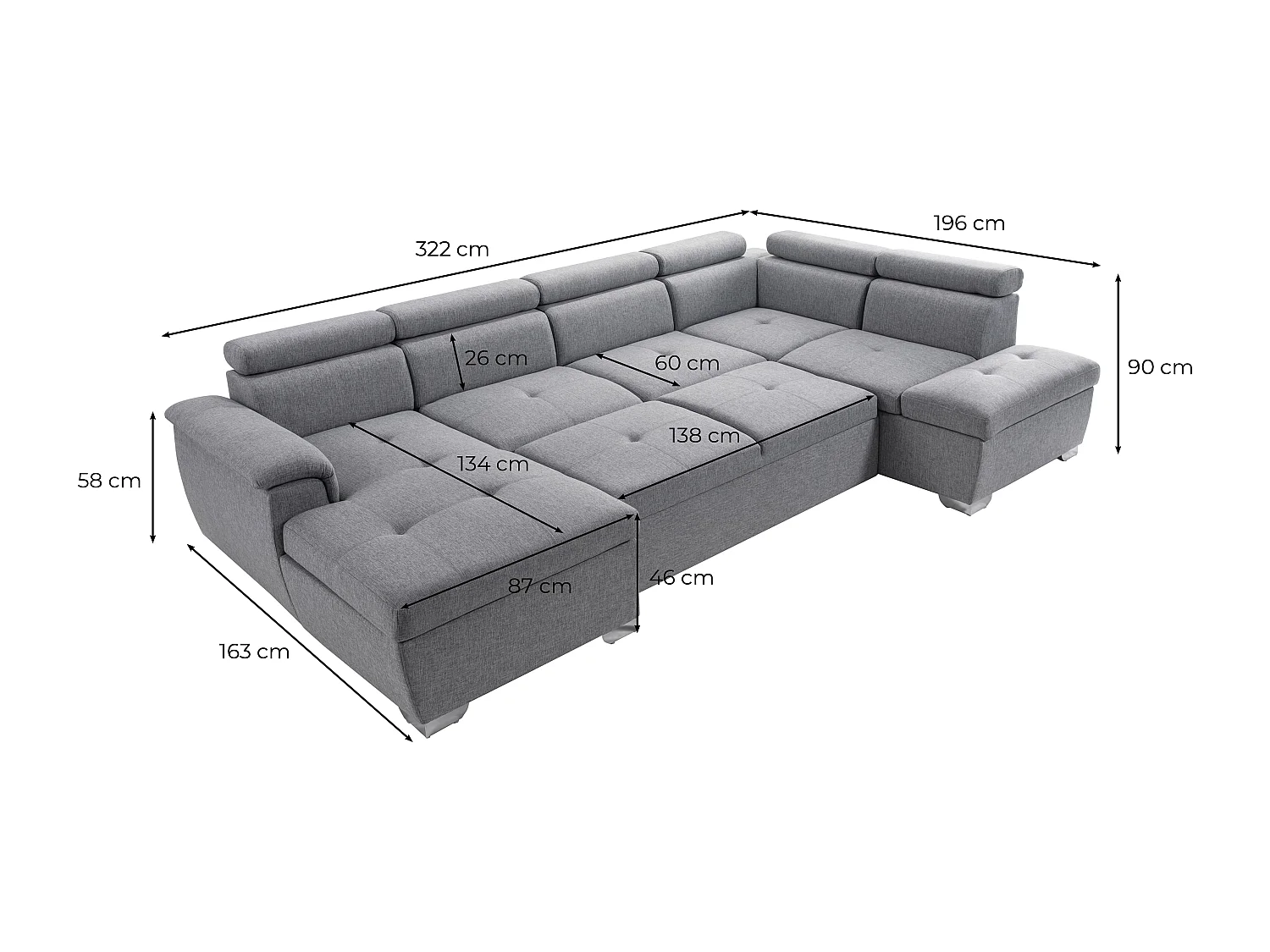 Canapé d'angle Panoramique 6 places Paola convertible en Tissu Avec Coffres - Bleu - L322 x P196 x H76cm - Loungitude