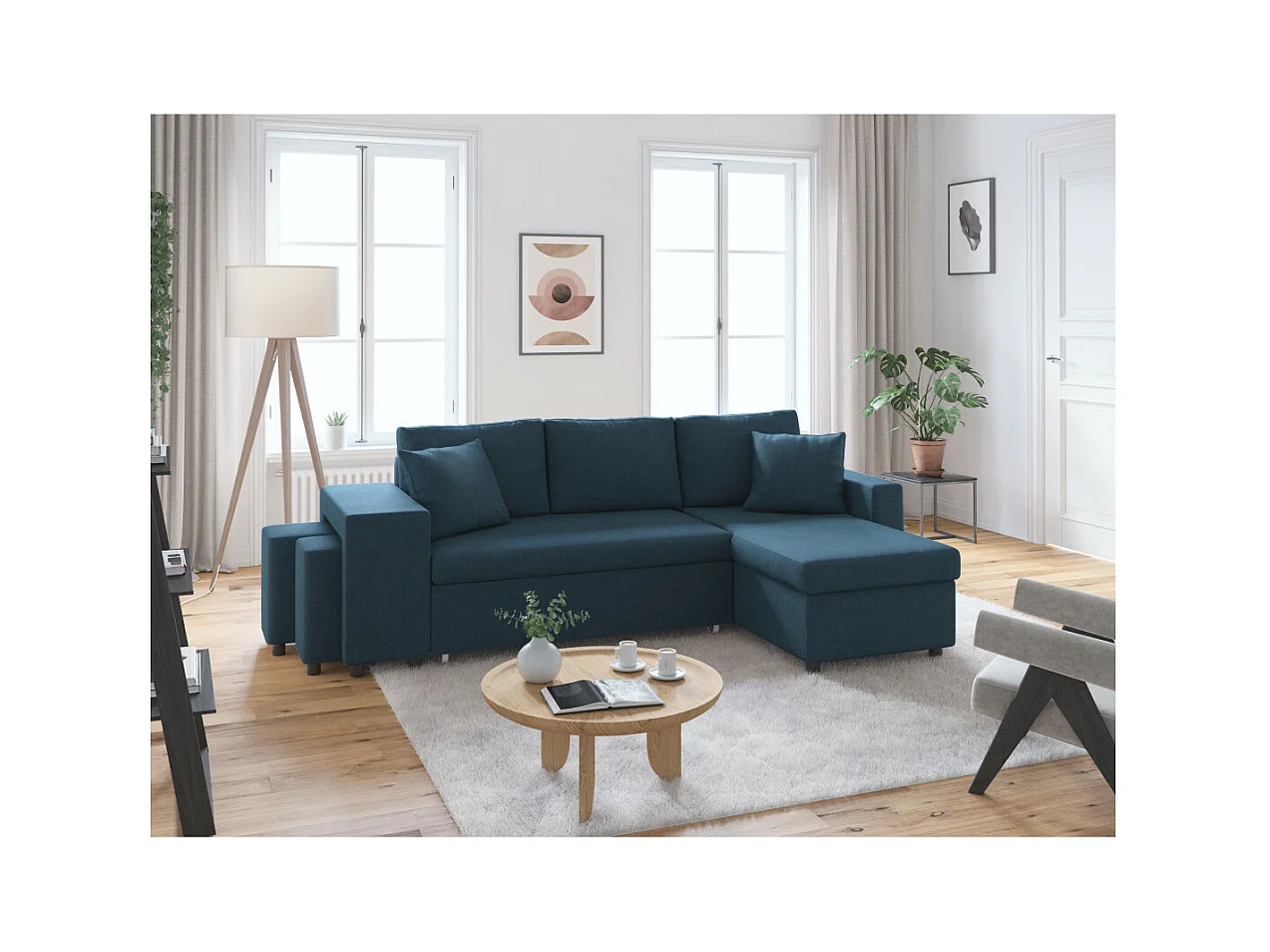 Canapé d'angle 3 places réversible Oslo avec coffre et poufs gauche en tissu - Bleu - L241 x P146 x H81cm - Loungitude