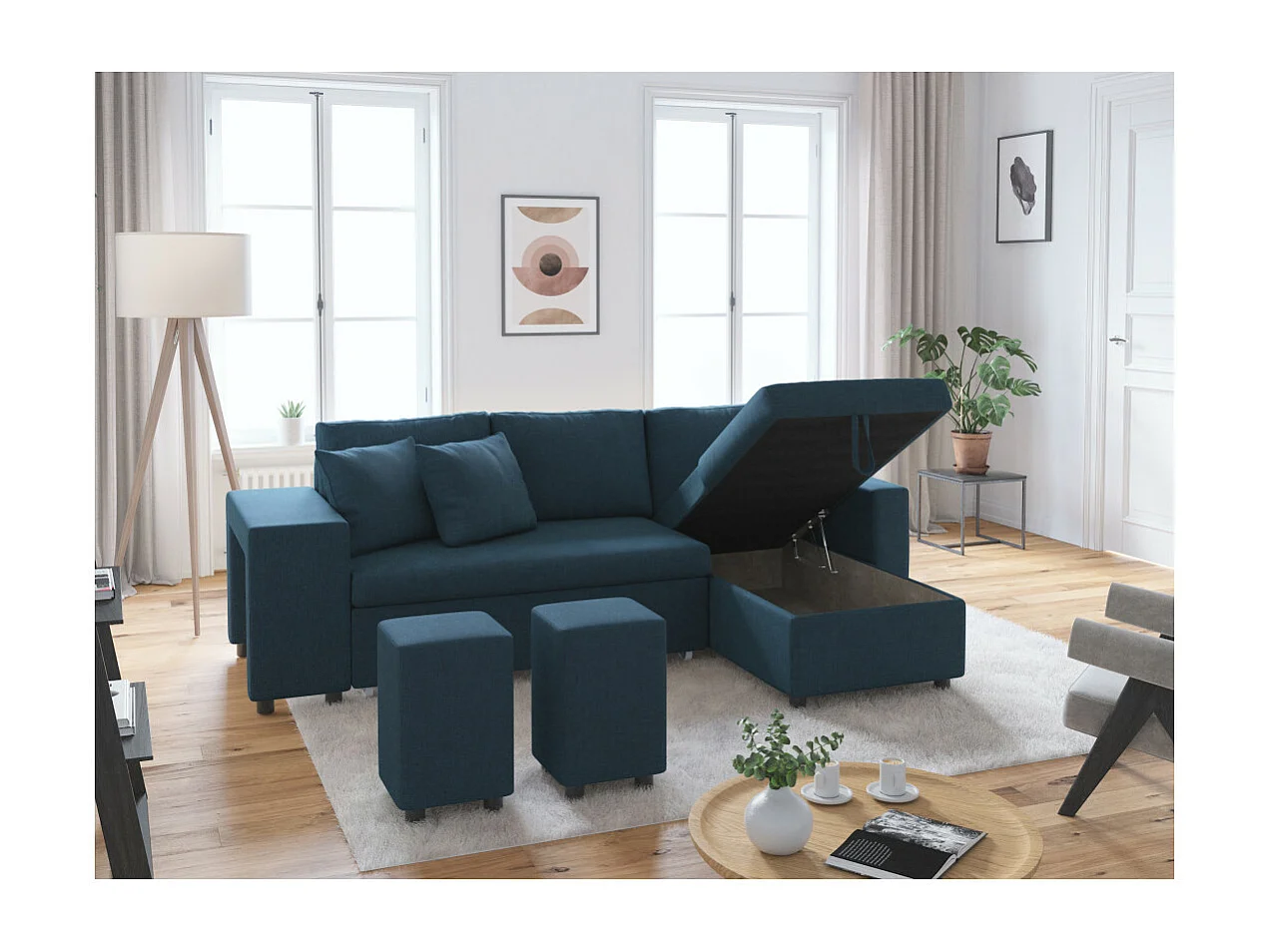 Canapé d'angle 3 places réversible Oslo avec coffre et poufs gauche en tissu - Bleu - L241 x P146 x H81cm - Loungitude