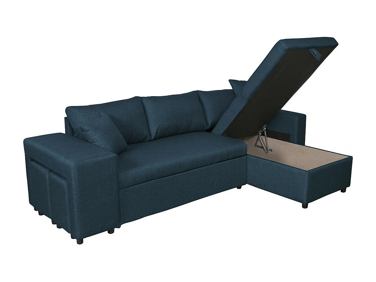 Canapé d'angle 3 places réversible Oslo avec coffre et poufs gauche en tissu - Bleu - L241 x P146 x H81cm - Loungitude