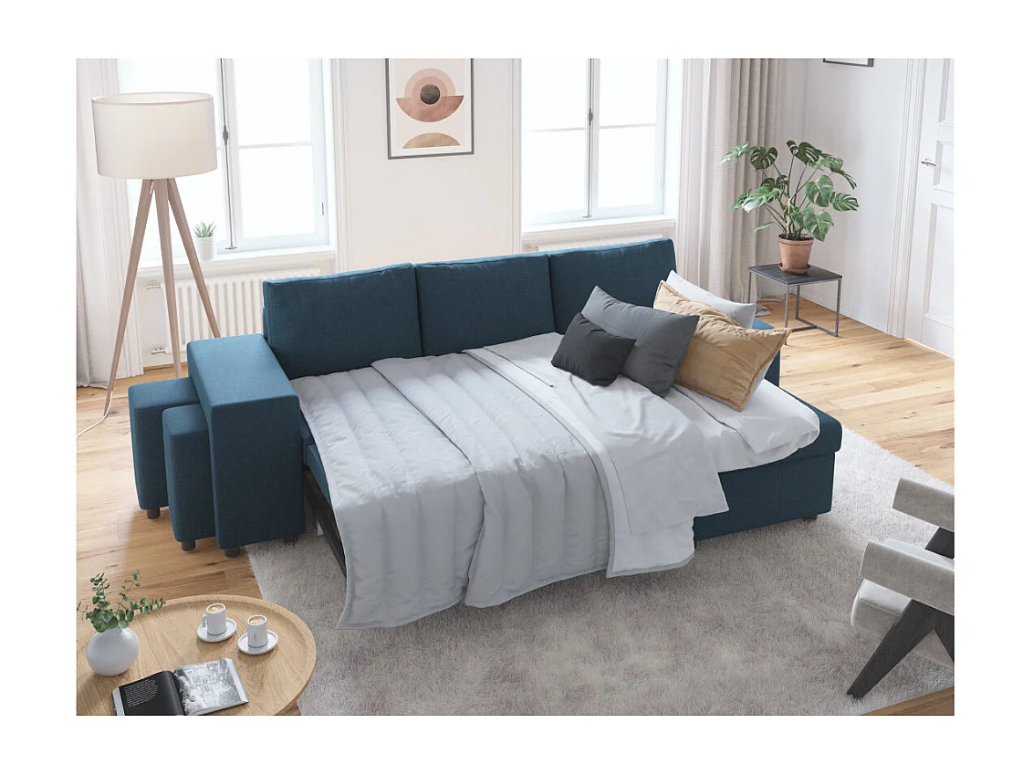 Canapé d'angle 3 places réversible Oslo avec coffre et poufs gauche en tissu - Bleu - L241 x P146 x H81cm - Loungitude