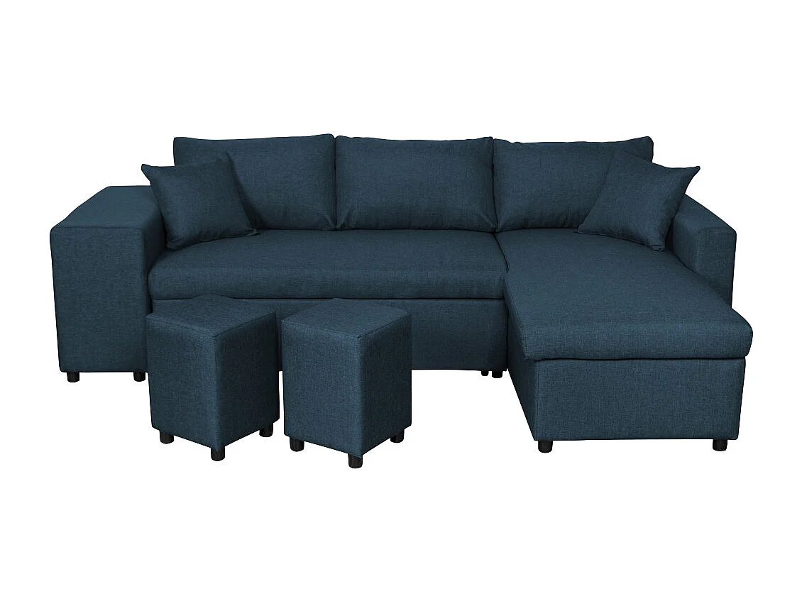 Canapé d'angle 3 places réversible Oslo avec coffre et poufs gauche en tissu - Bleu - L241 x P146 x H81cm - Loungitude