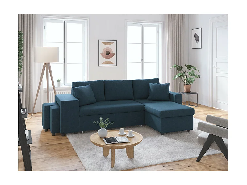 Canapé d'angle 3 places réversible Oslo avec coffre et poufs gauche en tissu - Bleu - L241 x P146 x H81cm - Loungitude