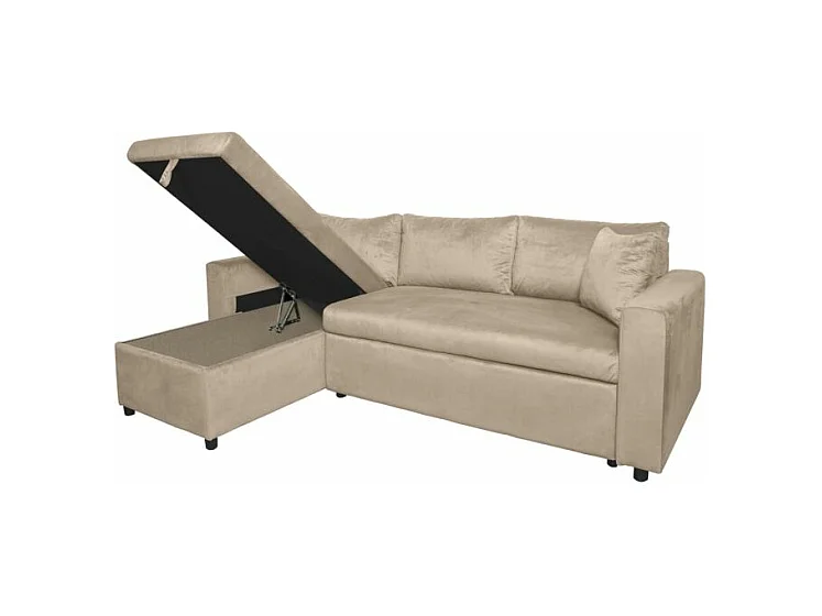 Canapé d'angle 3 places Maria réversible et convertible avec coffre en velours - Grège - L227 x P146 x H81cm - Loungitude