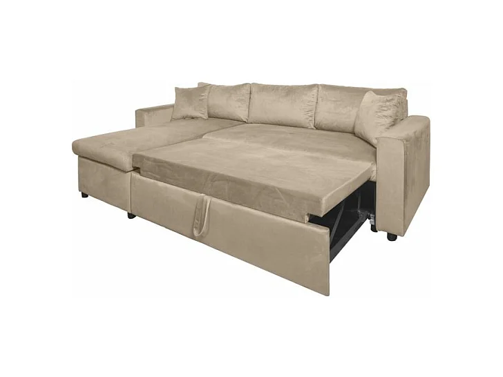 Canapé d'angle 3 places Maria réversible et convertible avec coffre en velours - Grège - L227 x P146 x H81cm - Loungitude