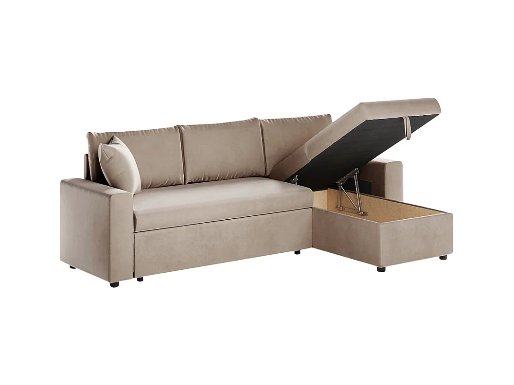Canapé d'angle 3 places Maria réversible et convertible avec coffre en velours - Grège - L227 x P146 x H81cm - Loungitude
