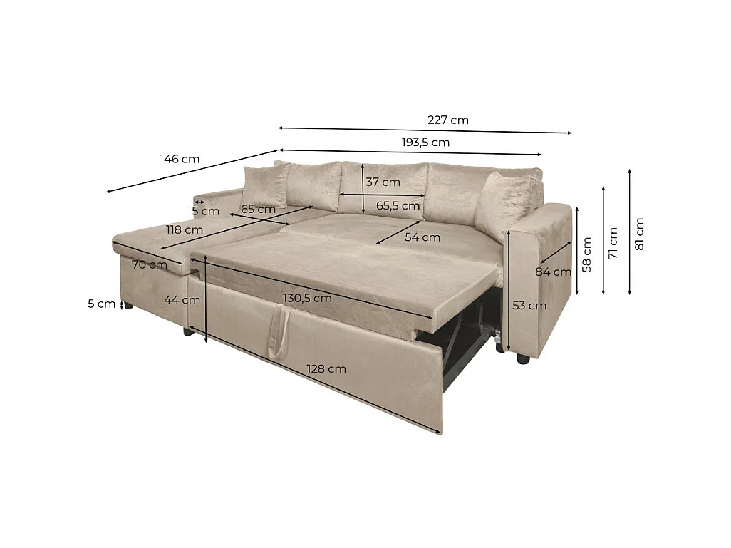 Canapé d'angle 3 places Maria réversible et convertible avec coffre en velours - Grège - L227 x P146 x H81cm - Loungitude