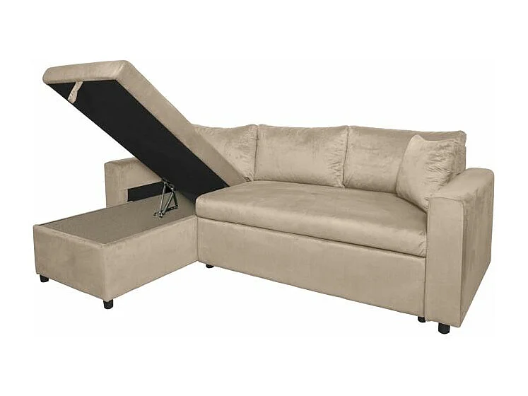 Canapé d'angle 3 places Maria réversible et convertible avec coffre en velours - Grège - L227 x P146 x H81cm - Loungitude