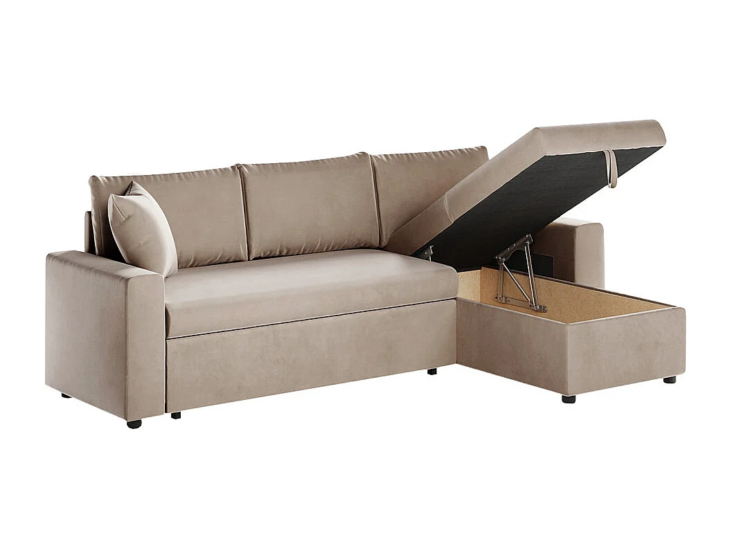 Canapé d'angle 3 places Maria réversible et convertible avec coffre en velours - Grège - L227 x P146 x H81cm - Loungitude