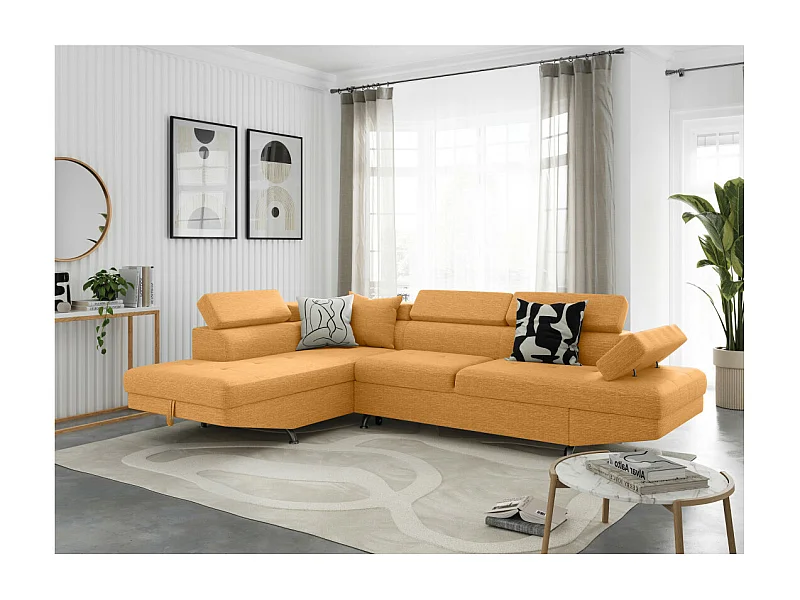 Canapé d'angle gauche 5 places Rio Convertible avec coffre en tissu - Jaune ocre - L271 x P192 x H70cm - Loungitude