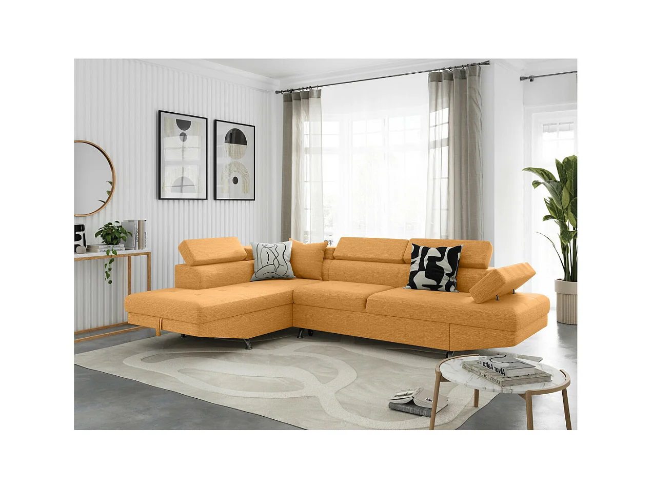 Canapé d'angle gauche 5 places Rio Convertible avec coffre en tissu - Jaune ocre - L271 x P192 x H70cm - Loungitude