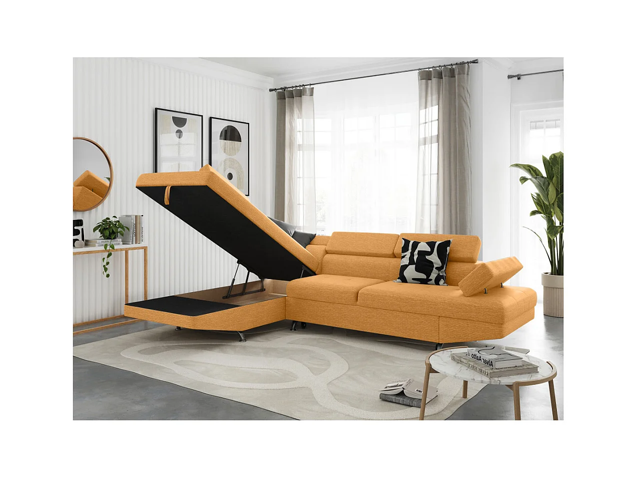 Canapé d'angle gauche 5 places Rio Convertible avec coffre en tissu - Jaune ocre - L271 x P192 x H70cm - Loungitude