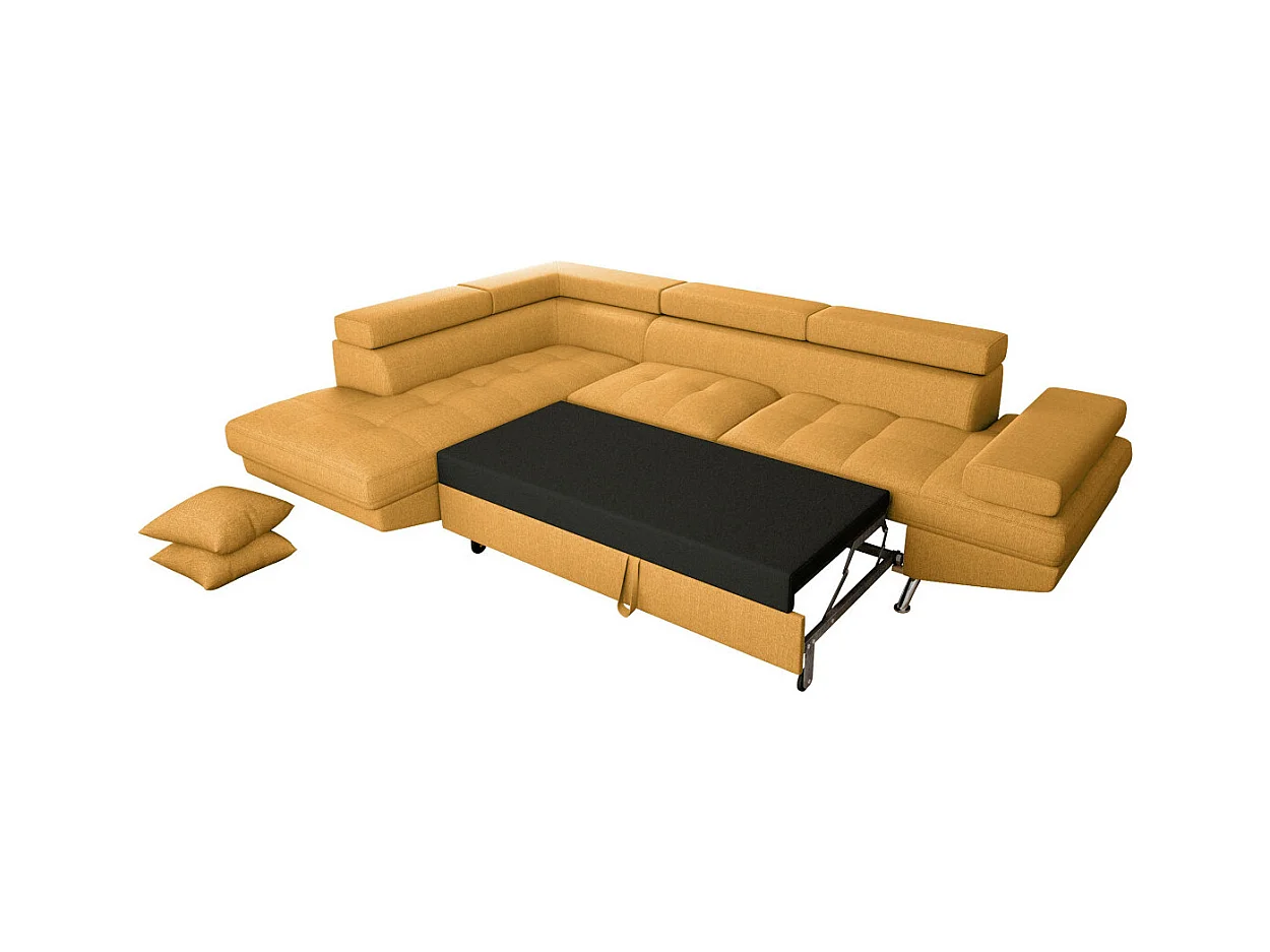 Canapé d'angle gauche 5 places Rio Convertible avec coffre en tissu - Jaune ocre - L271 x P192 x H70cm - Loungitude