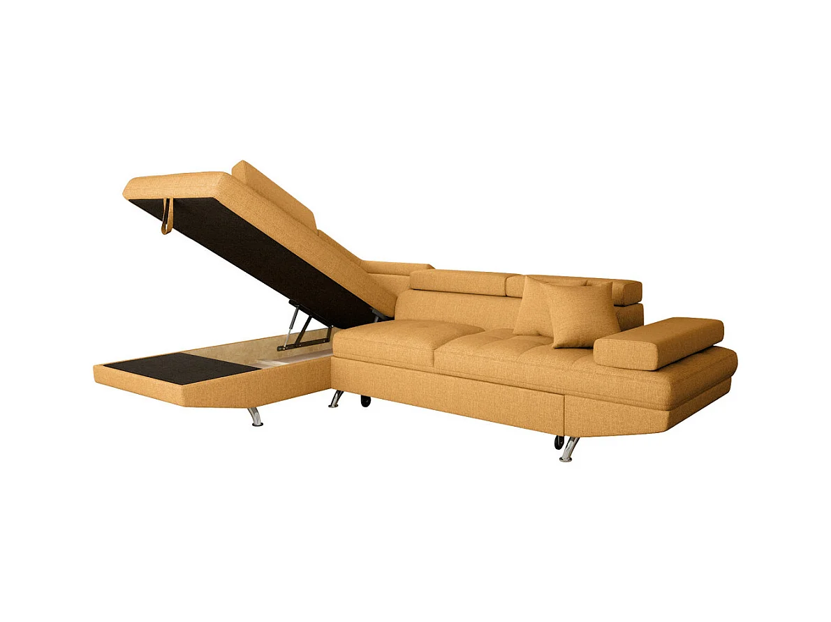 Canapé d'angle gauche 5 places Rio Convertible avec coffre en tissu - Jaune ocre - L271 x P192 x H70cm - Loungitude