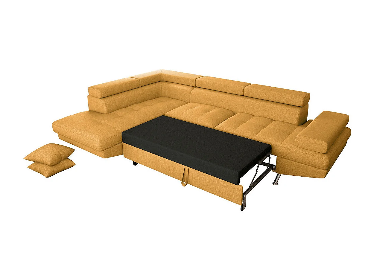 Canapé d'angle gauche 5 places Rio convertible avec coffre en tissu - Jaune ocre - L271 x P192 x H70cm - Loungitude