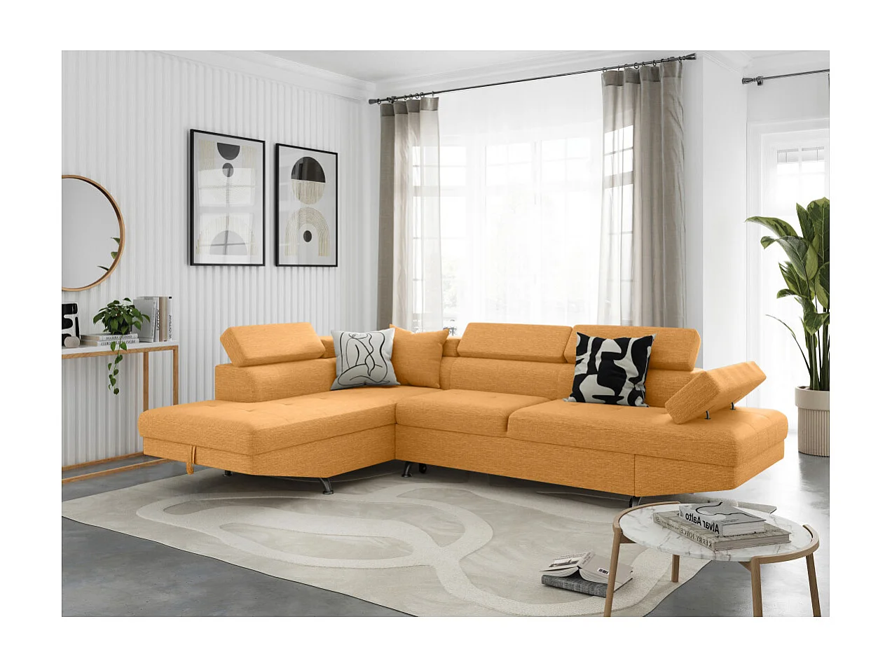 Canapé d'angle gauche 5 places Rio convertible avec coffre en tissu - Jaune ocre - L271 x P192 x H70cm - Loungitude
