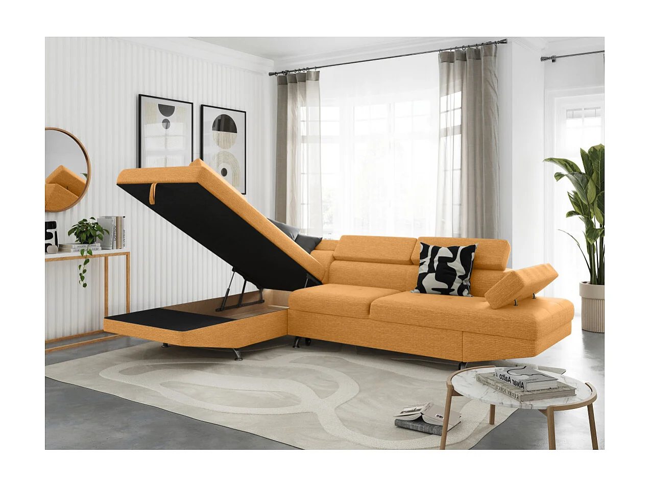Canapé d'angle gauche 5 places Rio convertible avec coffre en tissu - Jaune ocre - L271 x P192 x H70cm - Loungitude