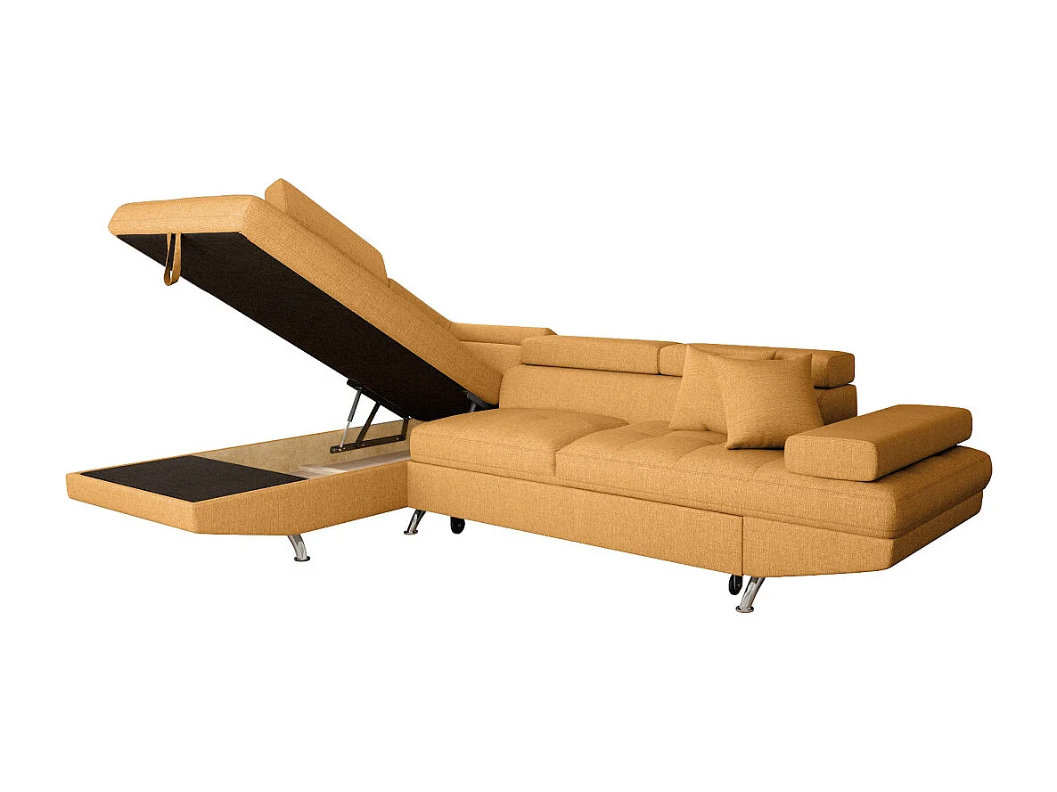 Canapé d'angle gauche 5 places Rio convertible avec coffre en tissu - Jaune ocre - L271 x P192 x H70cm - Loungitude