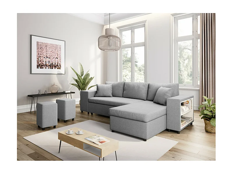 Canapé d'angle réversible Mady avec coffre accoudoir étagère et poufs gauche en tissu- Gris clair - L254 x P146 x H81cm - Loungitude