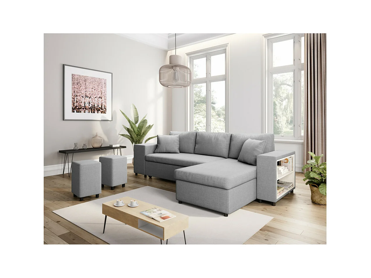 Canapé d'angle réversible Mady avec coffre accoudoir étagère et poufs gauche en tissu- Gris clair - L254 x P146 x H81cm - Loungitude