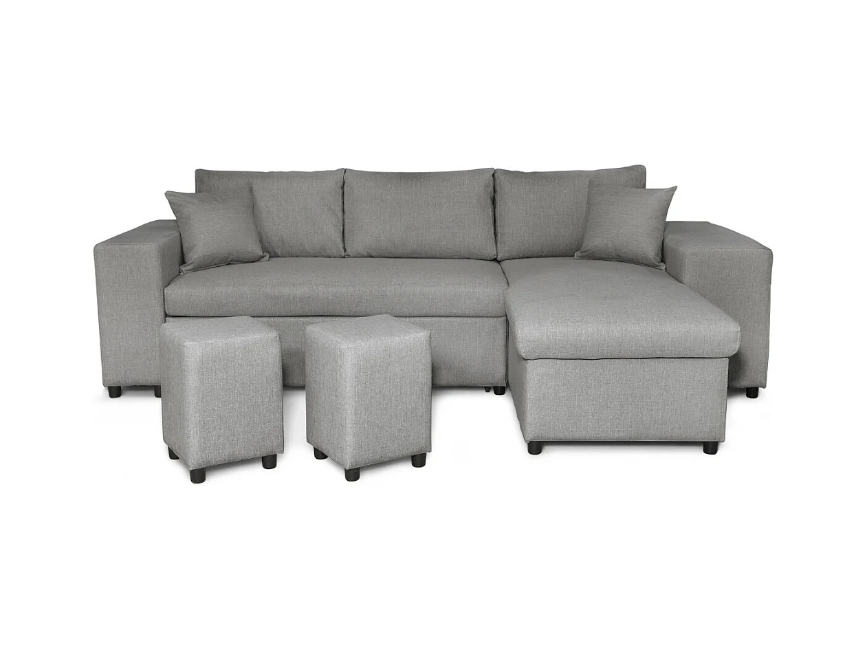 Canapé d'angle réversible Mady avec coffre accoudoir étagère et poufs gauche en tissu- Gris clair - L254 x P146 x H81cm - Loungitude