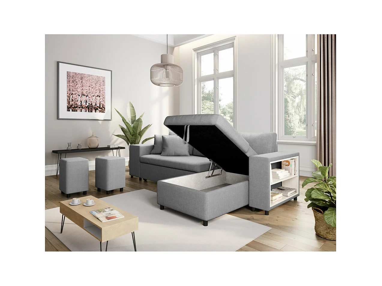 Canapé d'angle réversible Mady avec coffre accoudoir étagère et poufs gauche en tissu- Gris clair - L254 x P146 x H81cm - Loungitude