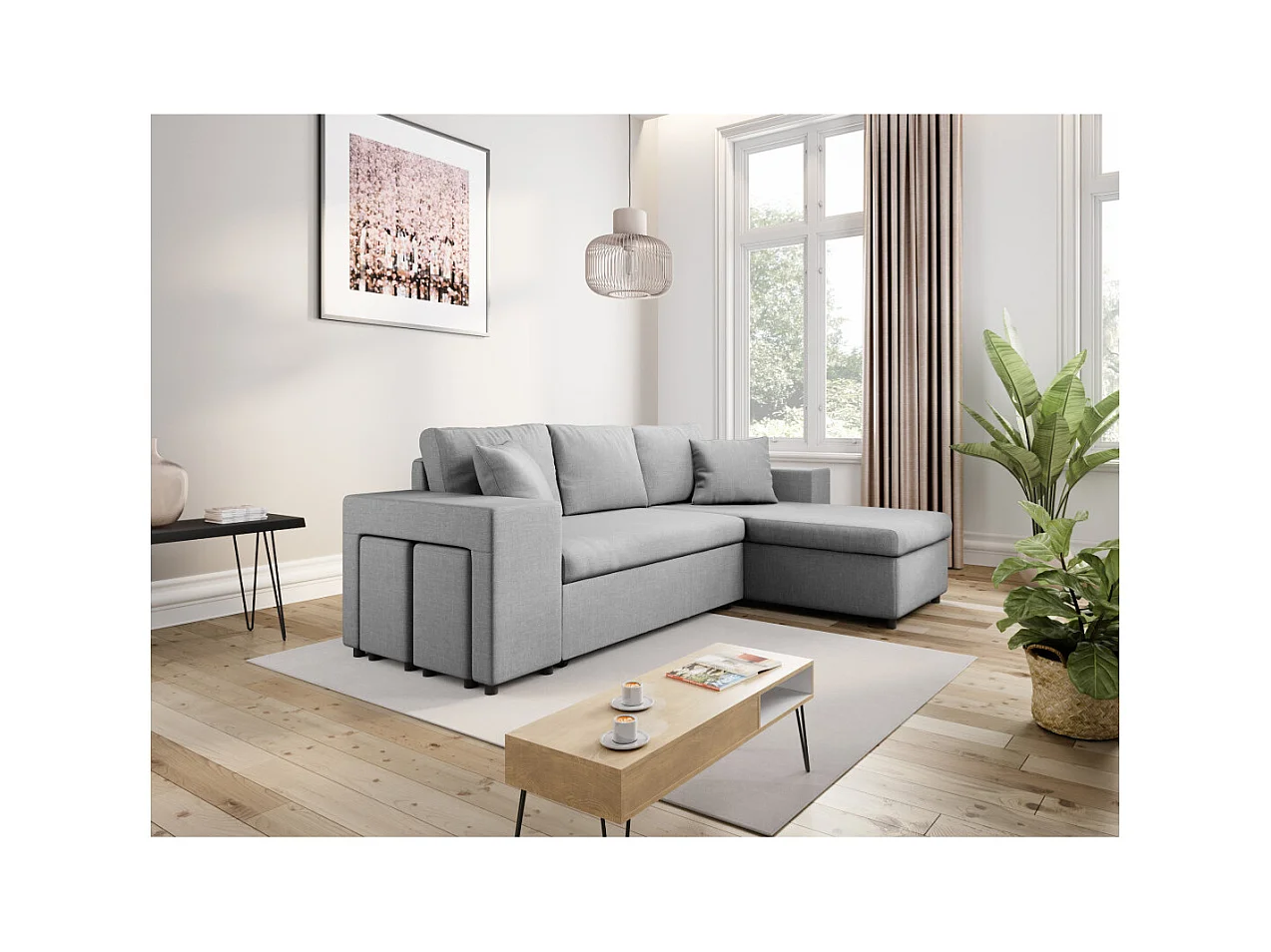 Canapé d'angle réversible Mady avec coffre accoudoir étagère et poufs gauche en tissu- Gris clair - L254 x P146 x H81cm - Loungitude