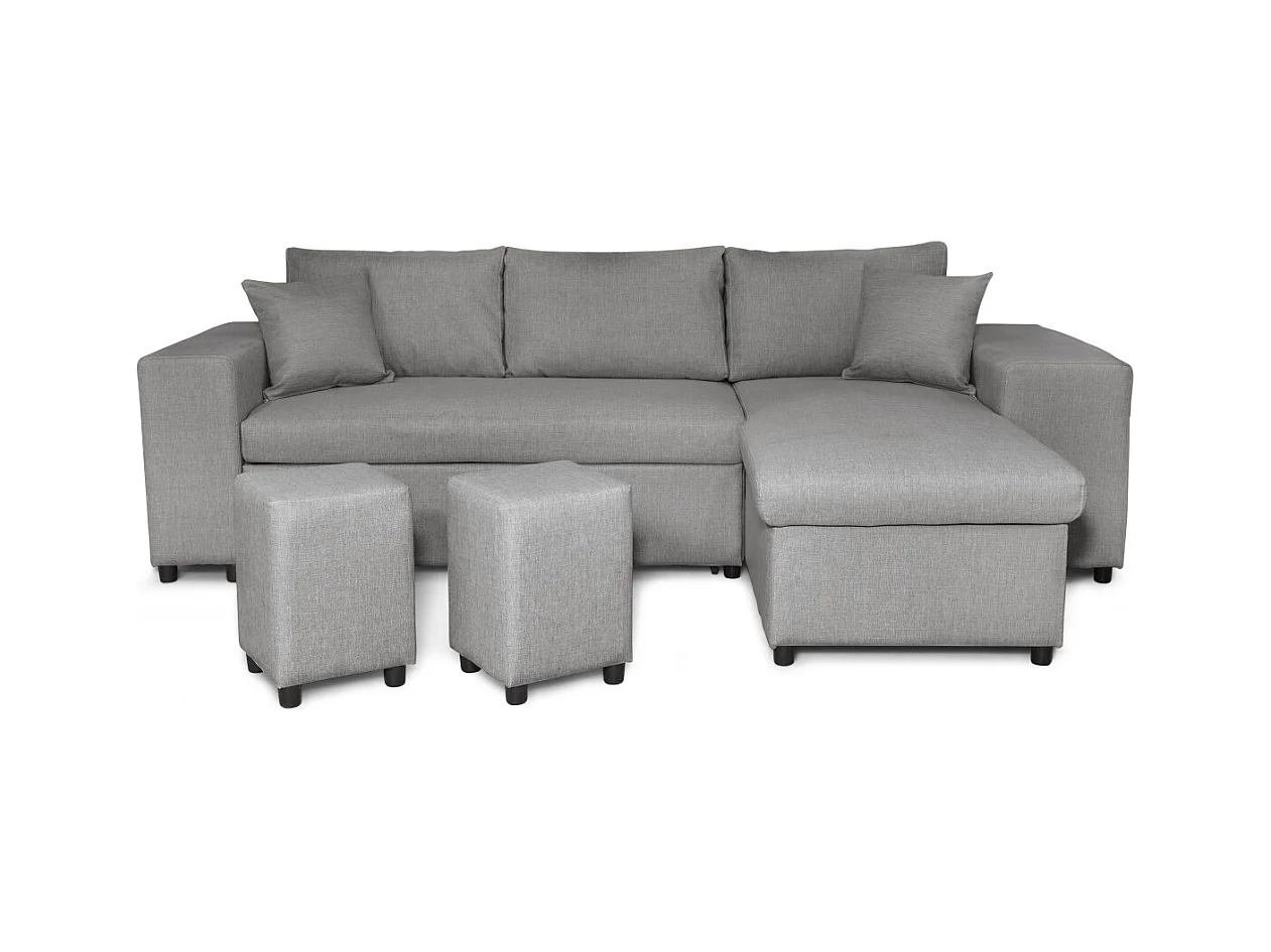 Canapé d'angle réversible Mady avec coffre accoudoir étagère et poufs gauche en tissu- Gris clair - L254 x P146 x H81cm - Loungitude