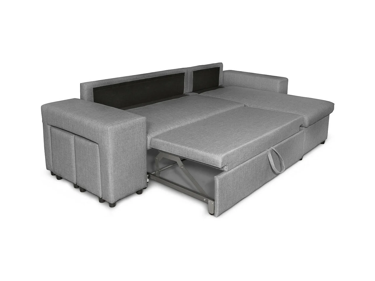 Canapé d'angle réversible Mady avec coffre accoudoir étagère et poufs gauche en tissu- Gris clair - L254 x P146 x H81cm - Loungitude