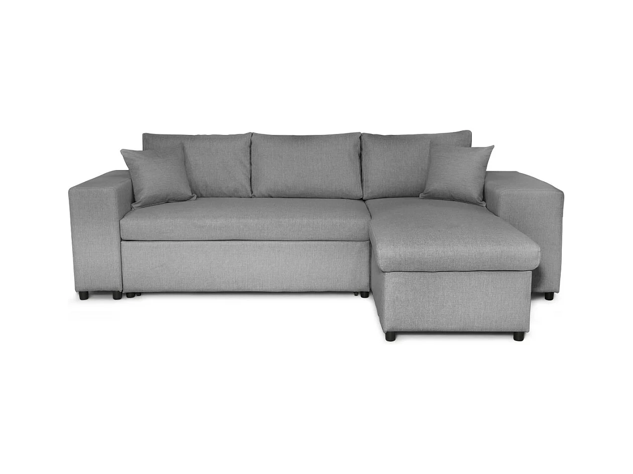 Canapé d'angle réversible Mady avec coffre accoudoir étagère et poufs gauche en tissu- Gris clair - L254 x P146 x H81cm - Loungitude