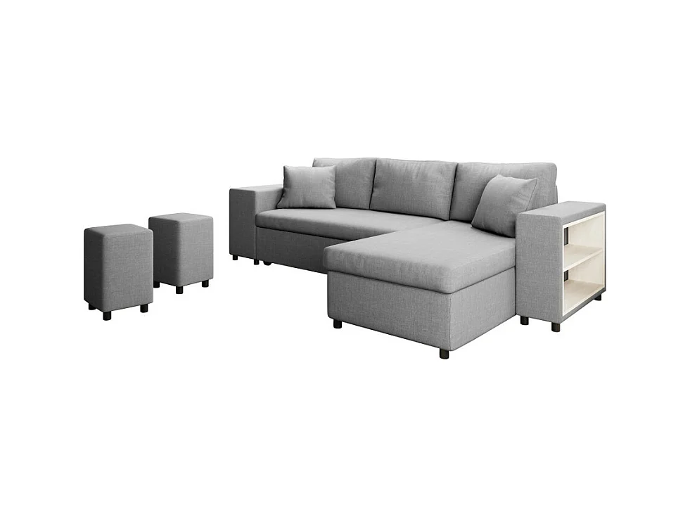 Canapé d'angle réversible Mady avec coffre accoudoir étagère et poufs gauche en tissu- Gris clair - L254 x P146 x H81cm - Loungitude