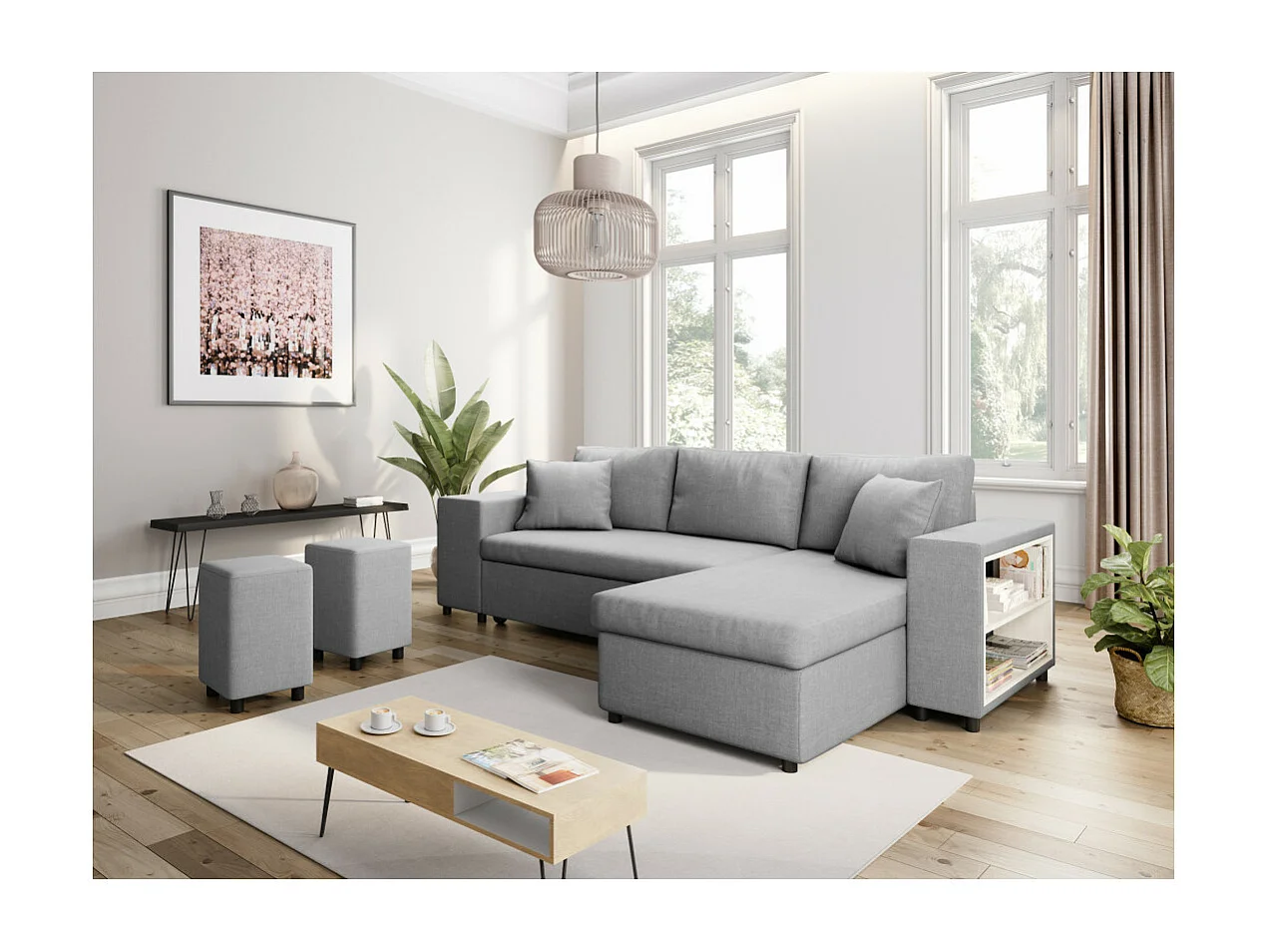 Canapé d'angle réversible Mady avec coffre accoudoir étagère et poufs gauche en tissu- Gris clair - L254 x P146 x H81cm - Loungitude