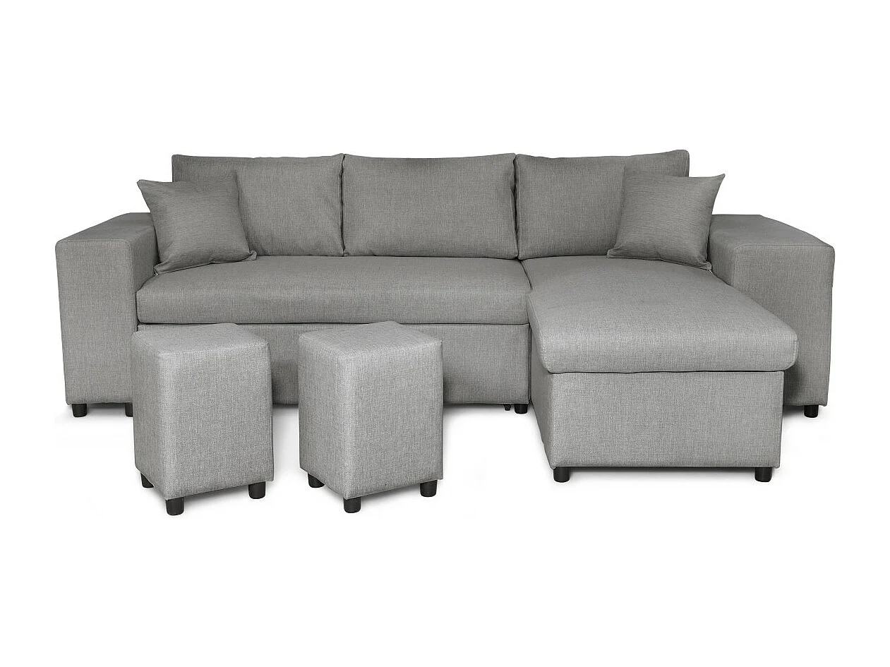 Canapé d'angle réversible Mady avec coffre accoudoir étagère et poufs gauche en tissu- Gris clair - L254 x P146 x H81cm - Loungitude