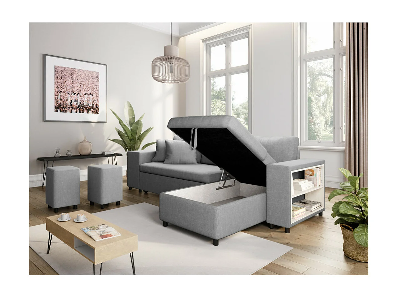 Canapé d'angle réversible Mady avec coffre accoudoir étagère et poufs gauche en tissu- Gris clair - L254 x P146 x H81cm - Loungitude