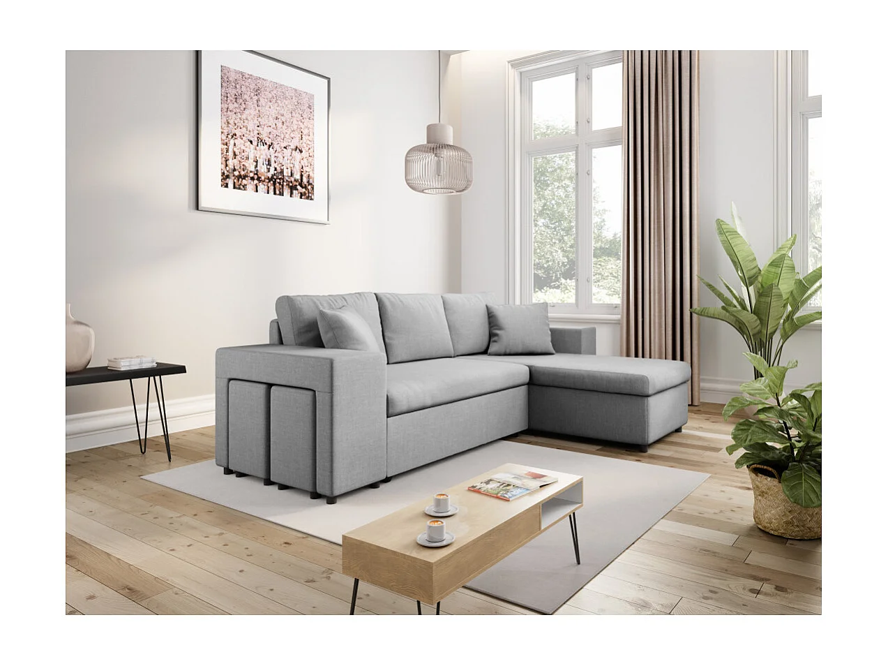 Canapé d'angle réversible Mady avec coffre accoudoir étagère et poufs gauche en tissu- Gris clair - L254 x P146 x H81cm - Loungitude