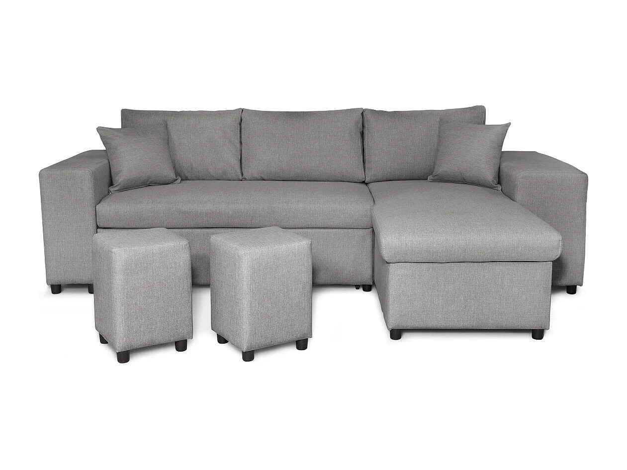 Canapé d'angle réversible Mady avec coffre accoudoir étagère et poufs gauche en tissu- Gris clair - L254 x P146 x H81cm - Loungitude