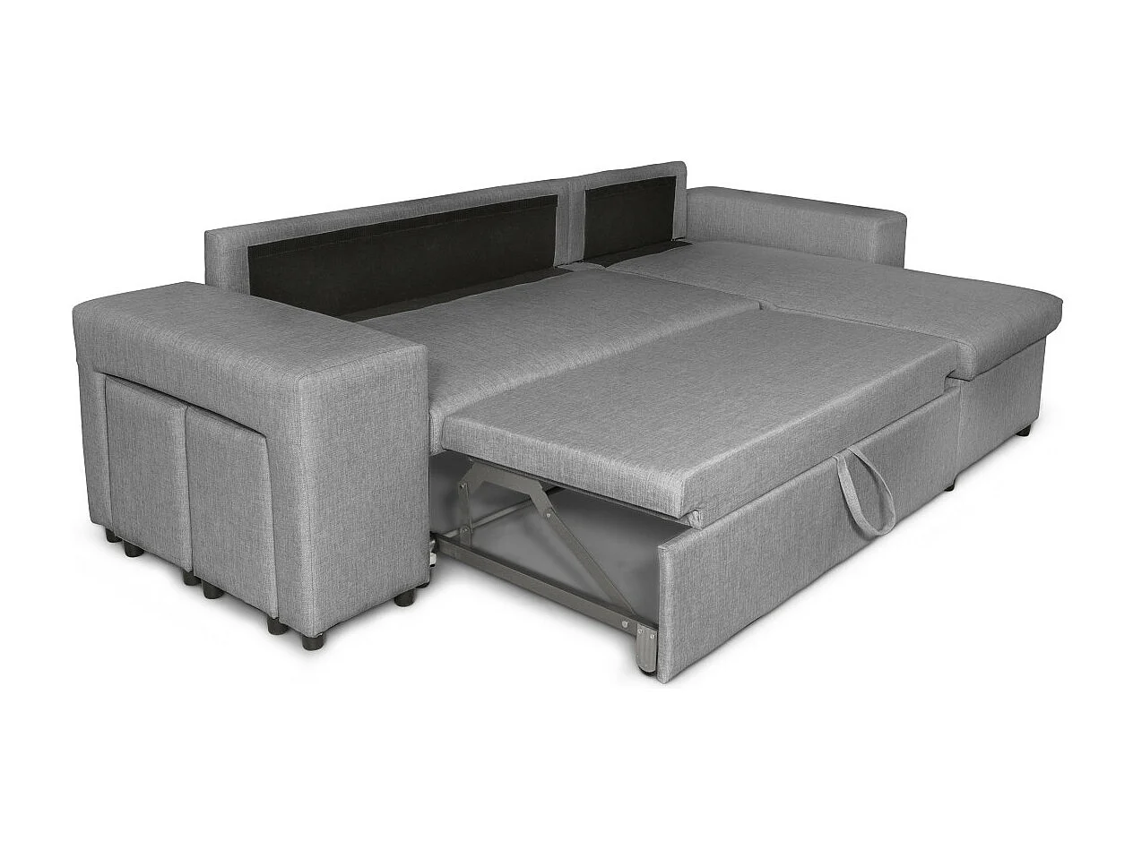Canapé d'angle réversible Mady avec coffre accoudoir étagère et poufs gauche en tissu- Gris clair - L254 x P146 x H81cm - Loungitude